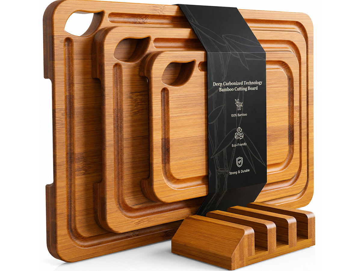 3Pcs Bamboo Cutting Board Set with Stand Reversible Chopping Boards
