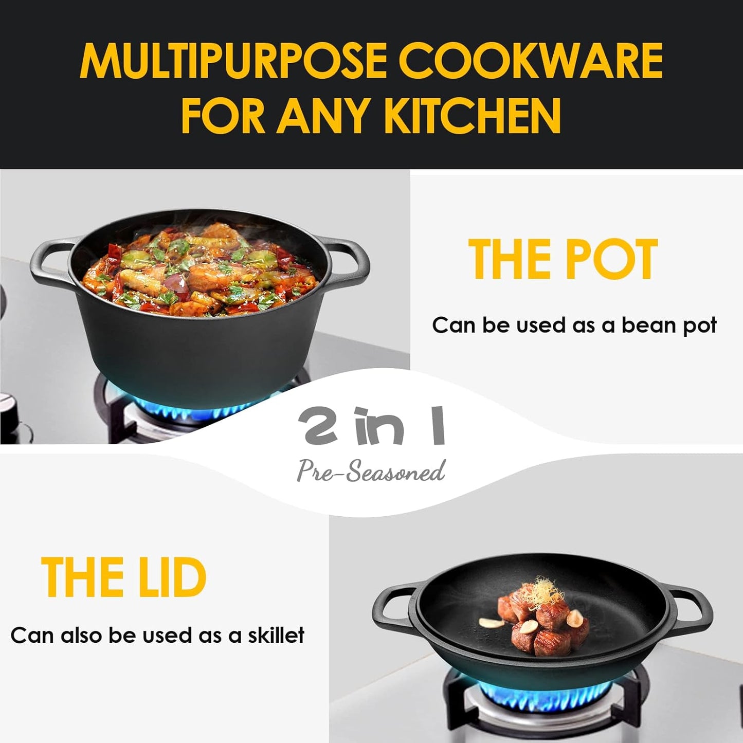 2 In 1 Cast Iron Dutch Oven Set With Lid