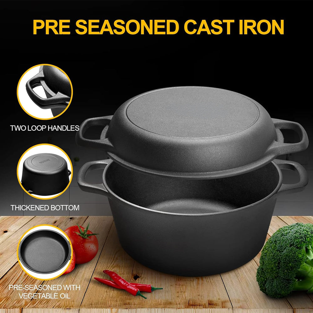2 In 1 Cast Iron Dutch Oven Set With Lid