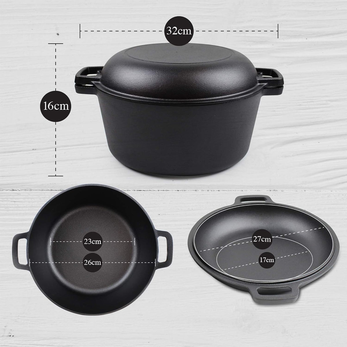 2 In 1 Cast Iron Dutch Oven Set With Lid