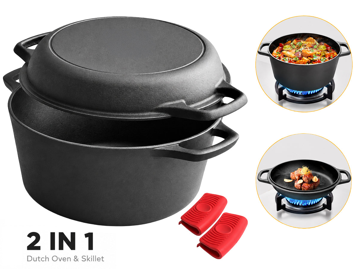 2 In 1 Cast Iron Dutch Oven Set With Lid