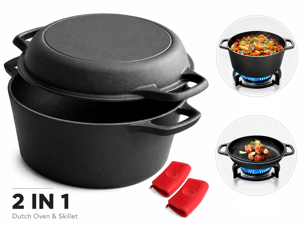 2 In 1 Cast Iron Dutch Oven Set With Lid