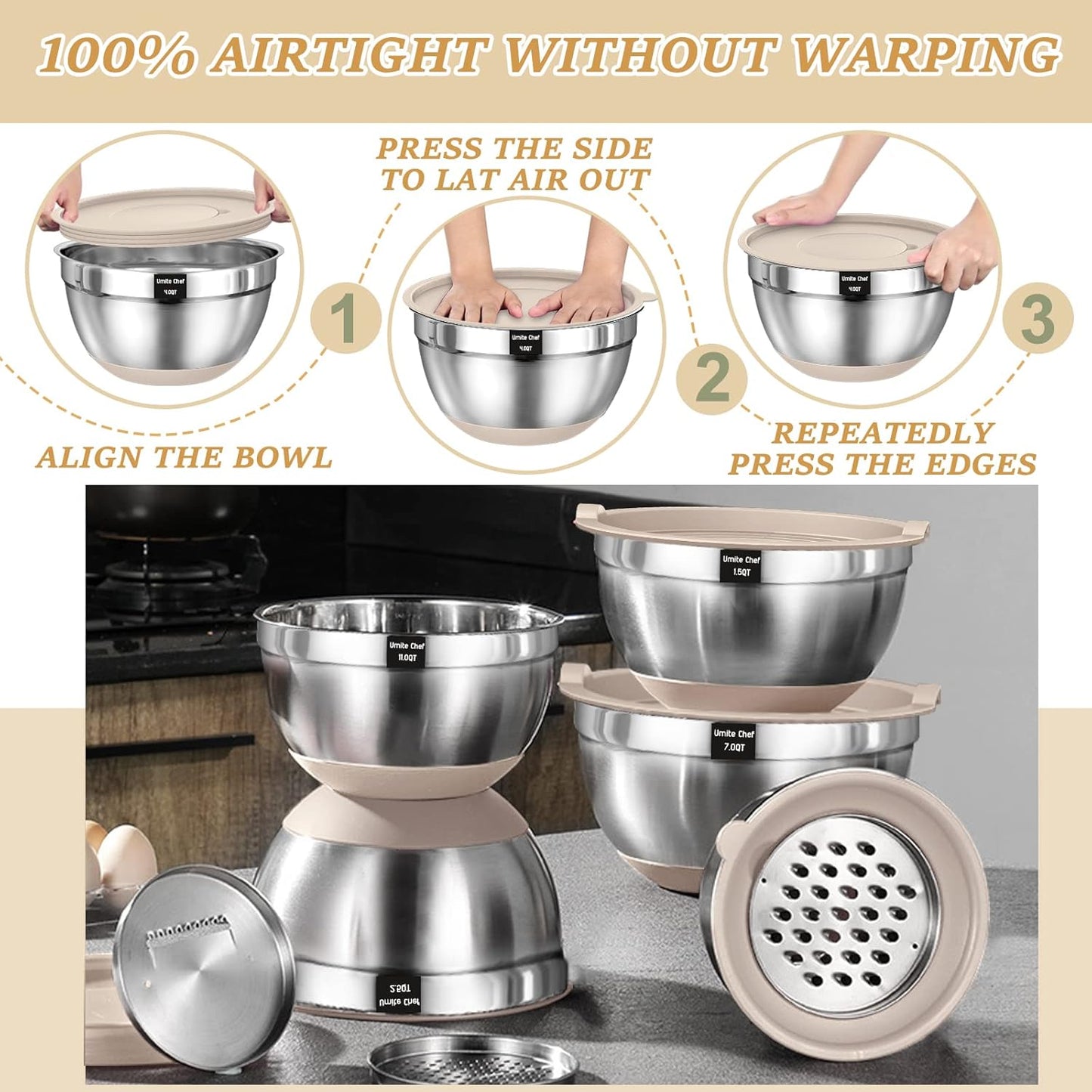 26PCS Mixing Bowls Set Stainless Steel with Lids & Kitchen Tools