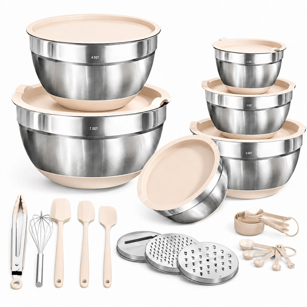 26PCS Mixing Bowls Set Stainless Steel with Lids & Kitchen Tools