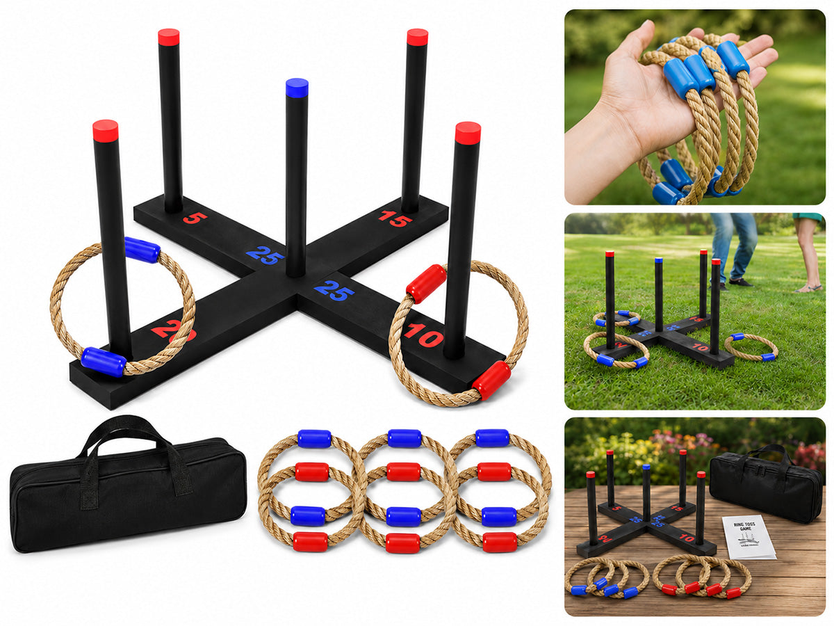 Ring Toss Game with 6 Rings, Carry Case & 4 Games – Kids Adults Outdoor Fun