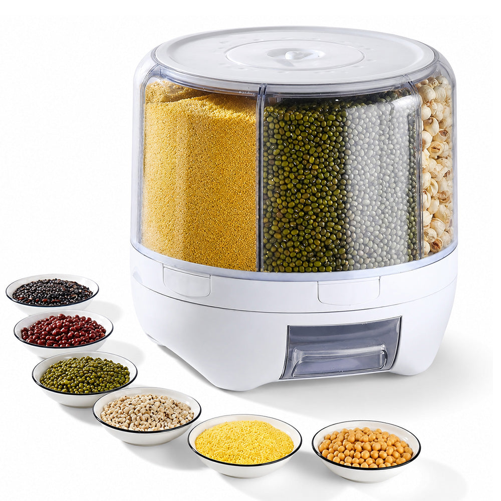 6-Compartment Rotating Rice & Dry Food Dispenser – 13L Grey Pantry Organiser