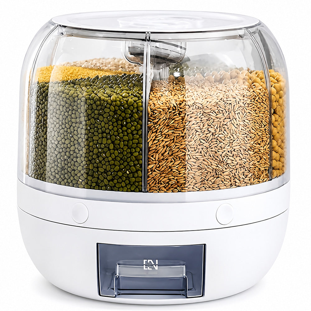 6-Compartment Rotating Rice & Dry Food Dispenser – 13L Grey Pantry Organiser