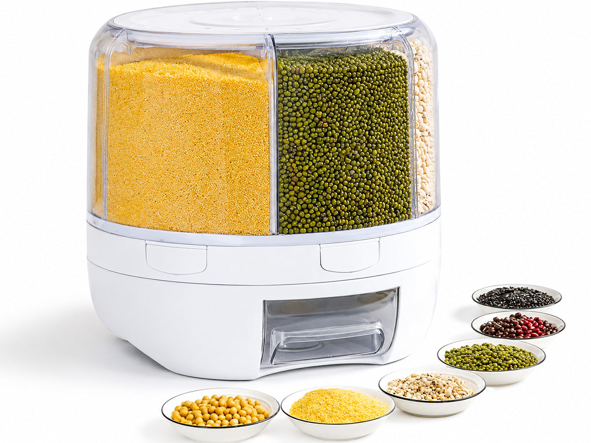 6-Compartment Rotating Rice & Dry Food Dispenser – 13L Grey Pantry Organiser