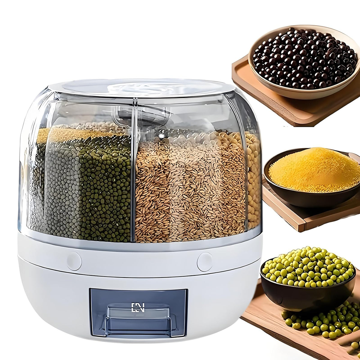 6-Compartment Rotating Rice & Dry Food Dispenser – 13L Grey Pantry Organiser