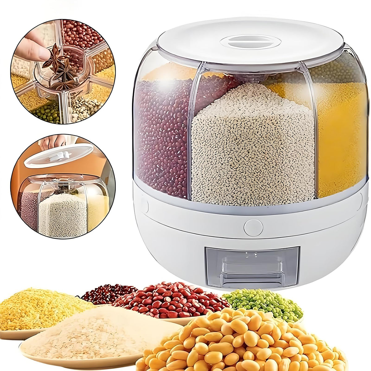 6-Compartment Rotating Rice & Dry Food Dispenser – 13L Grey Pantry Organiser