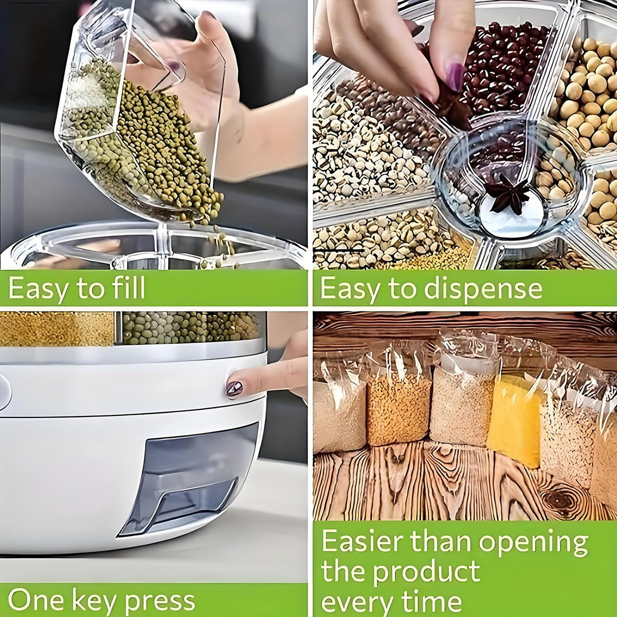 6-Compartment Rotating Rice & Dry Food Dispenser – 13L Grey Pantry Organiser