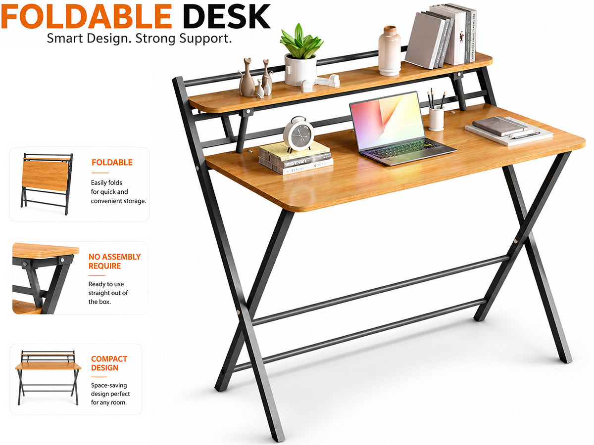 Folding Desk Foldable Computer Desk with Two Storage Shelves Walnut