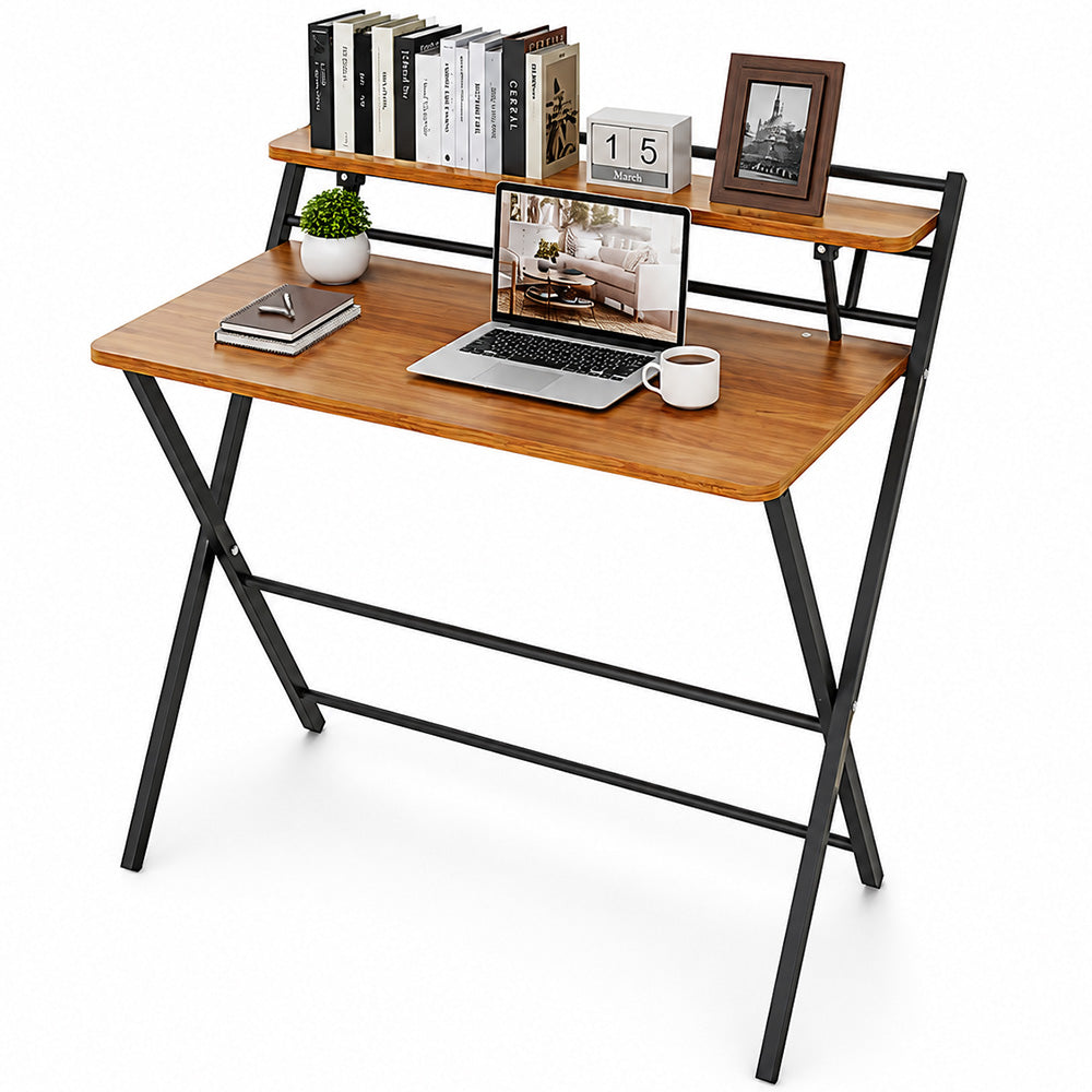 Folding Desk Foldable Computer Desk with Two Storage Shelves Walnut