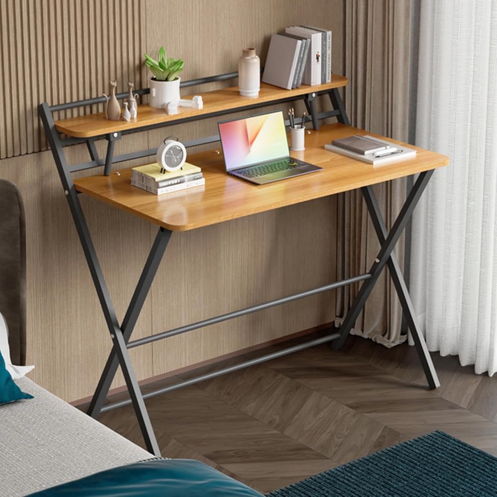 Folding Desk Foldable Computer Desk with Two Storage Shelves Walnut