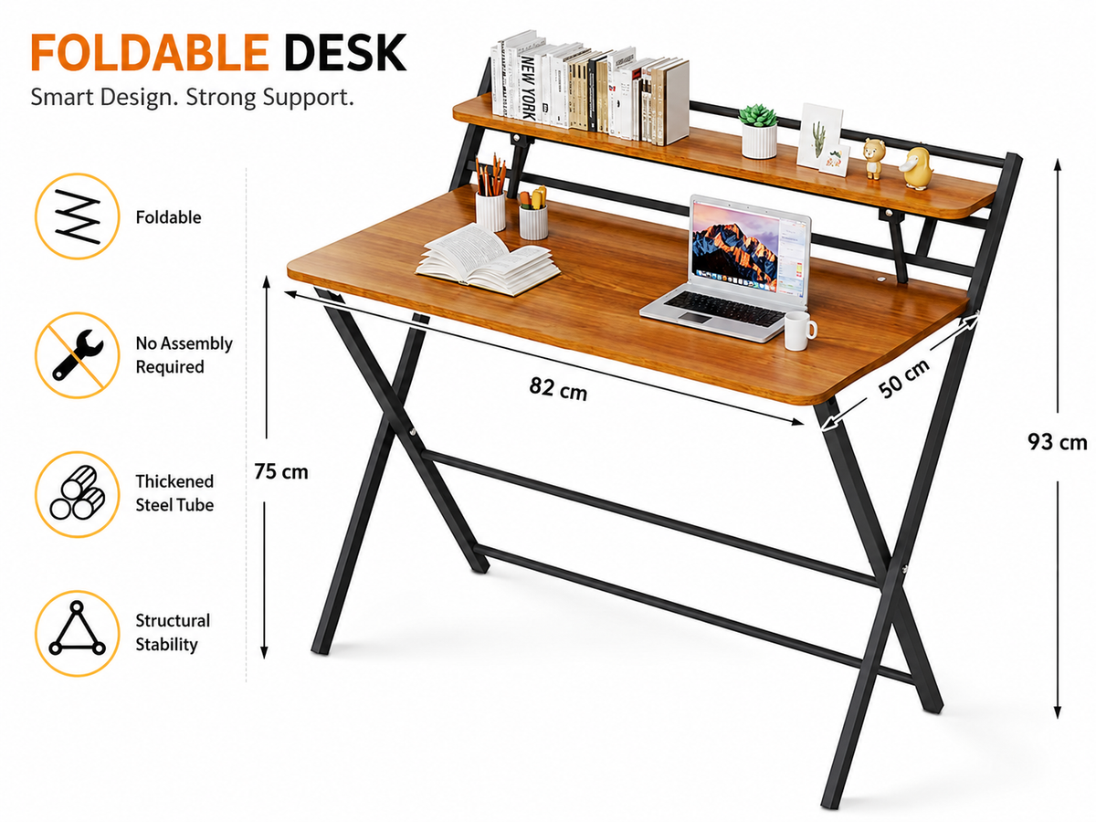 Folding Desk Foldable Computer Desk with Two Storage Shelves Walnut