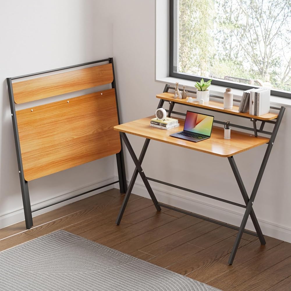 Folding Desk Foldable Computer Desk with Two Storage Shelves Walnut