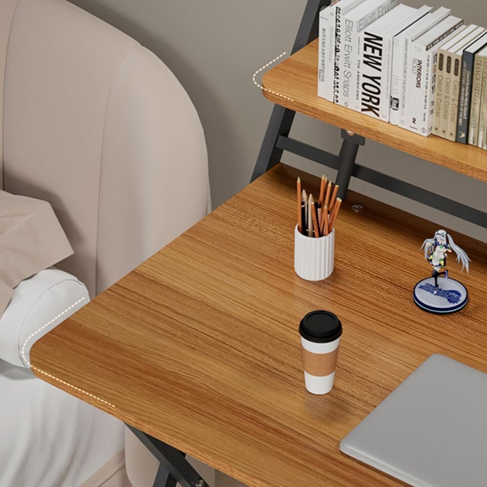 Folding Desk Foldable Computer Desk with Two Storage Shelves Walnut