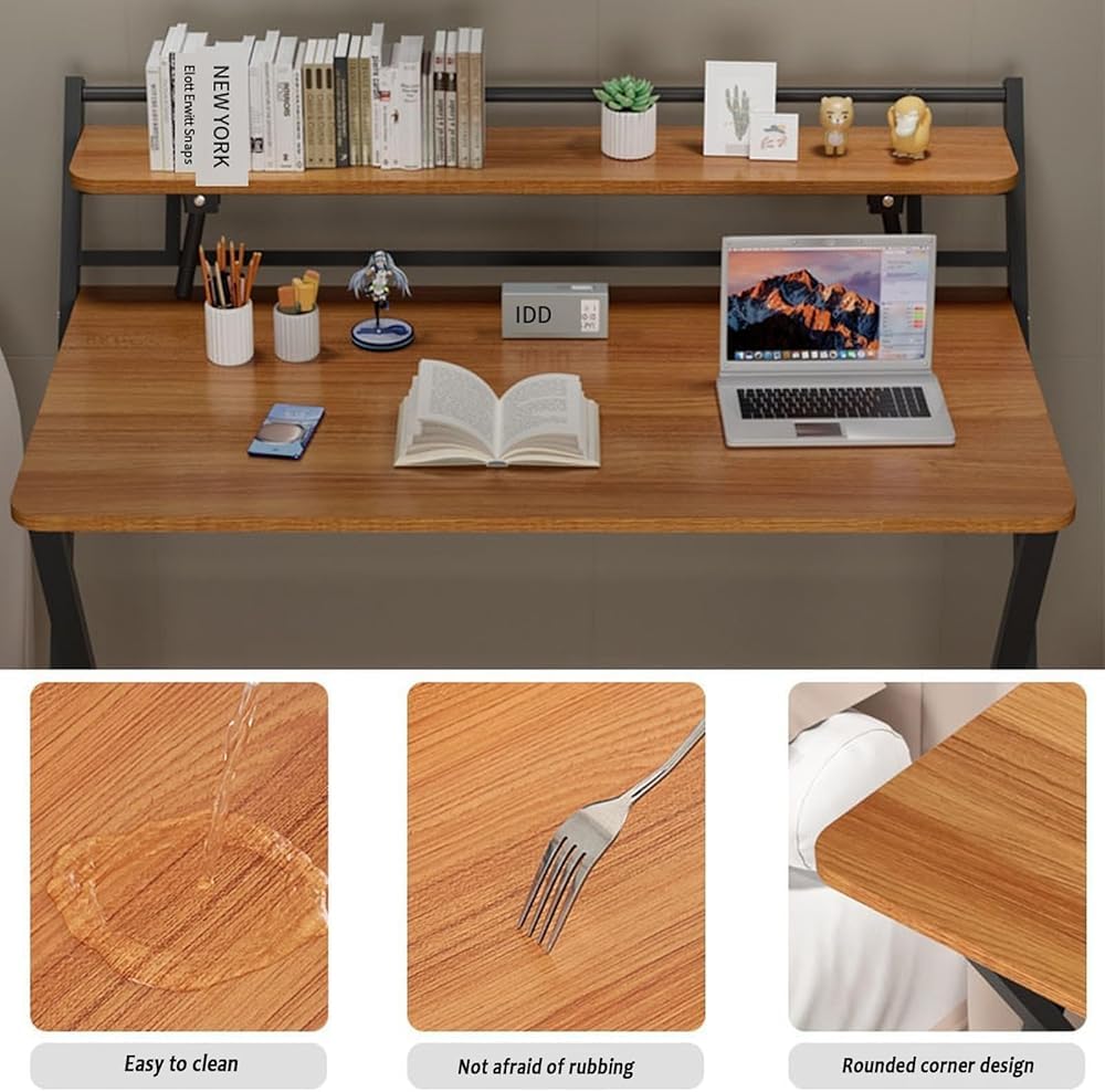 Folding Desk Foldable Computer Desk with Two Storage Shelves Walnut
