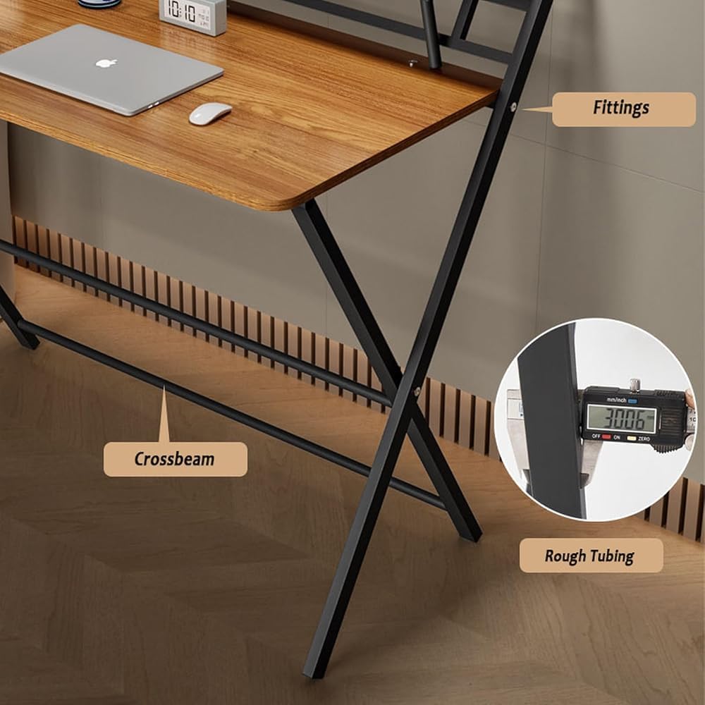 Folding Desk Foldable Computer Desk with Two Storage Shelves Walnut
