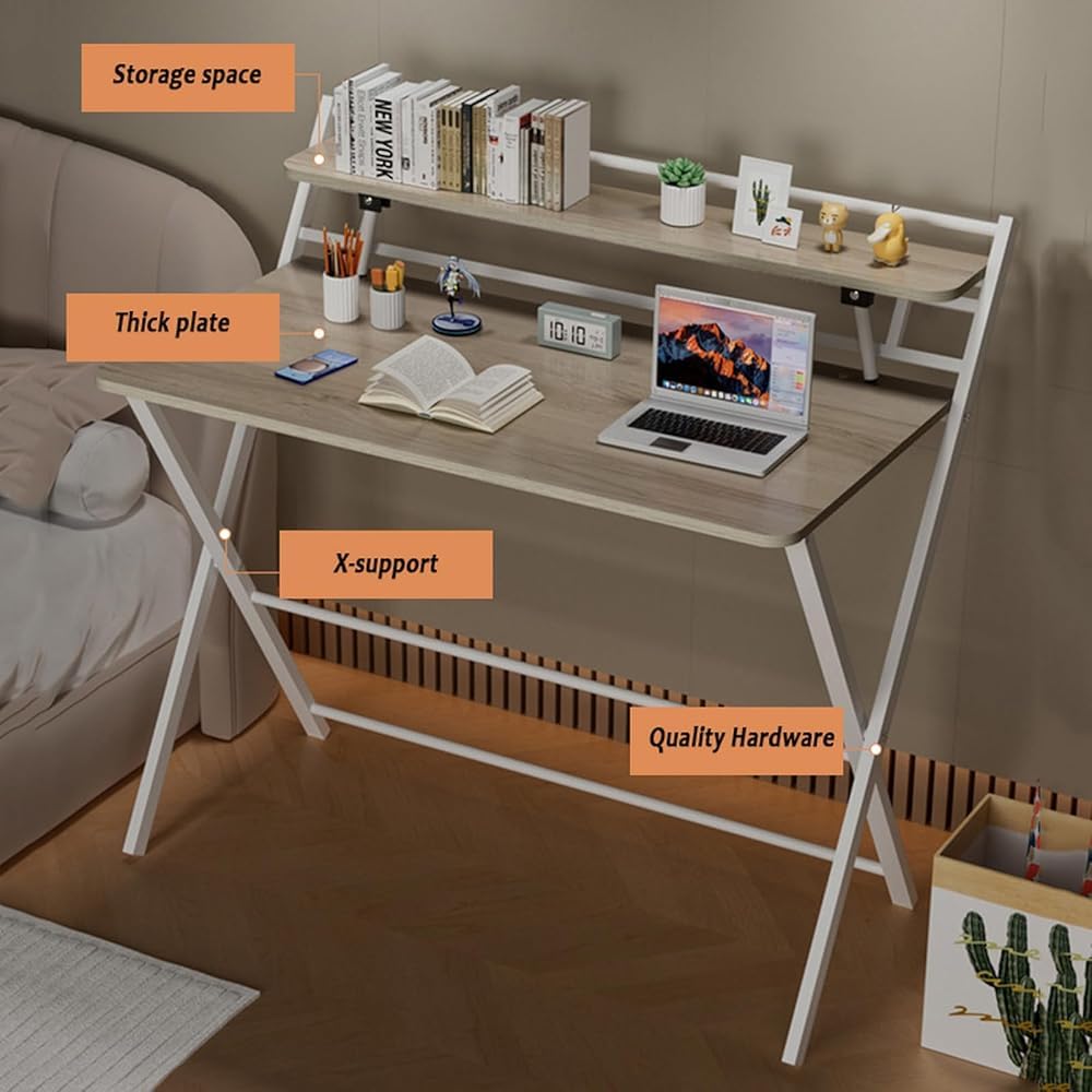 Folding Desk Foldable Computer Desk with Two Storage Shelves Walnut