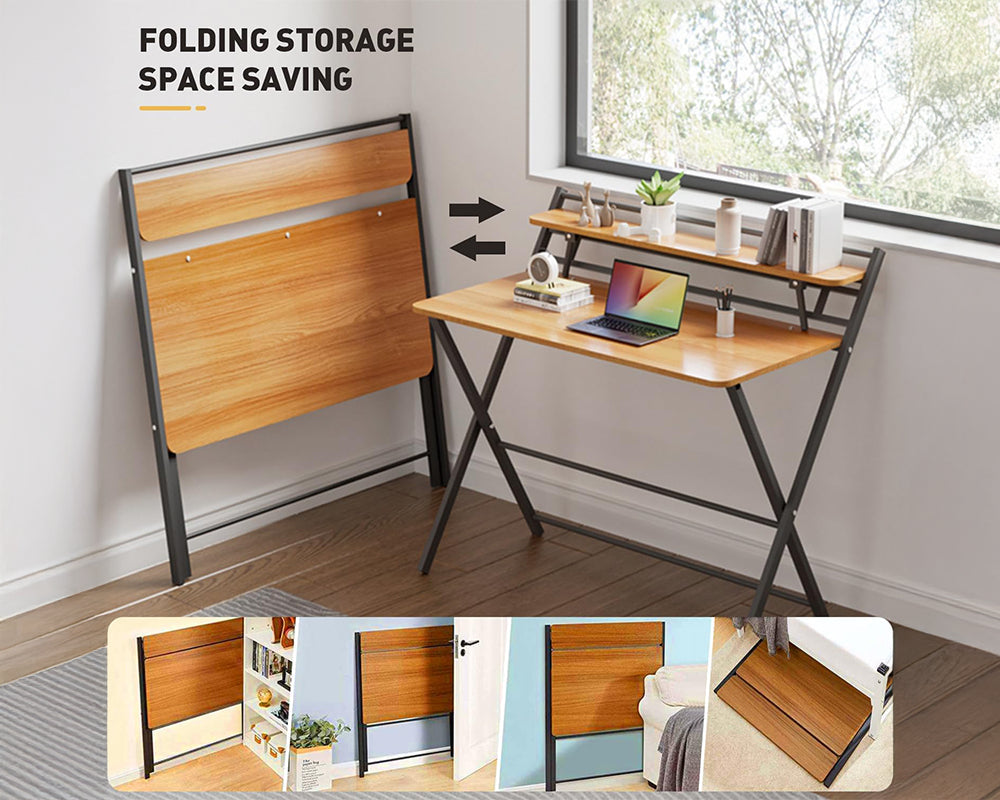 Folding Desk Foldable Computer Desk with Two Storage Shelves Walnut