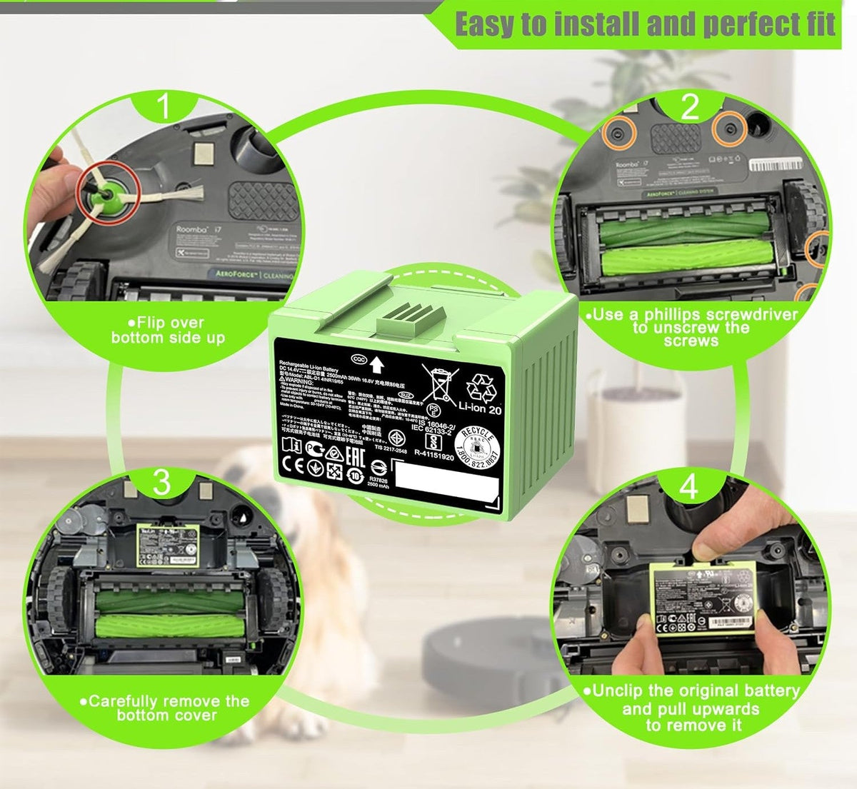 Battery for iRobot Roomba i3 i4 i7 i7+ i8 i8+ e5 e6 7150 7550 5150 e5150 e5152 e5154 e5158 e6198 i7158 i7550 i7558 i8550 ABL-D1 4624864 ABL-D2