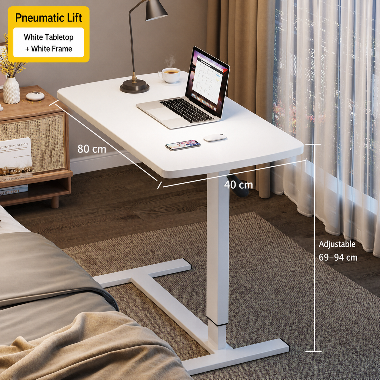 Overbed Bedside Table with Pneumatic Height Adjustment