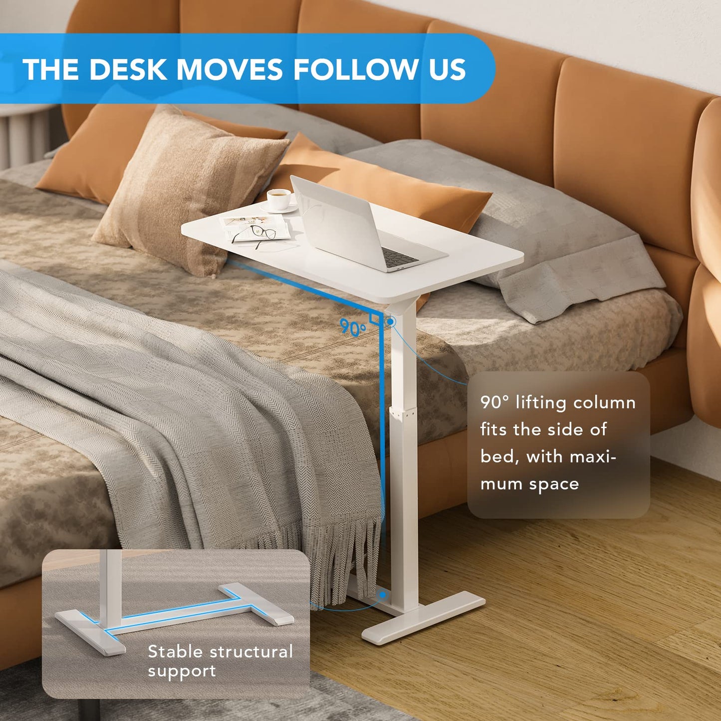 Overbed Bedside Table with Pneumatic Height Adjustment