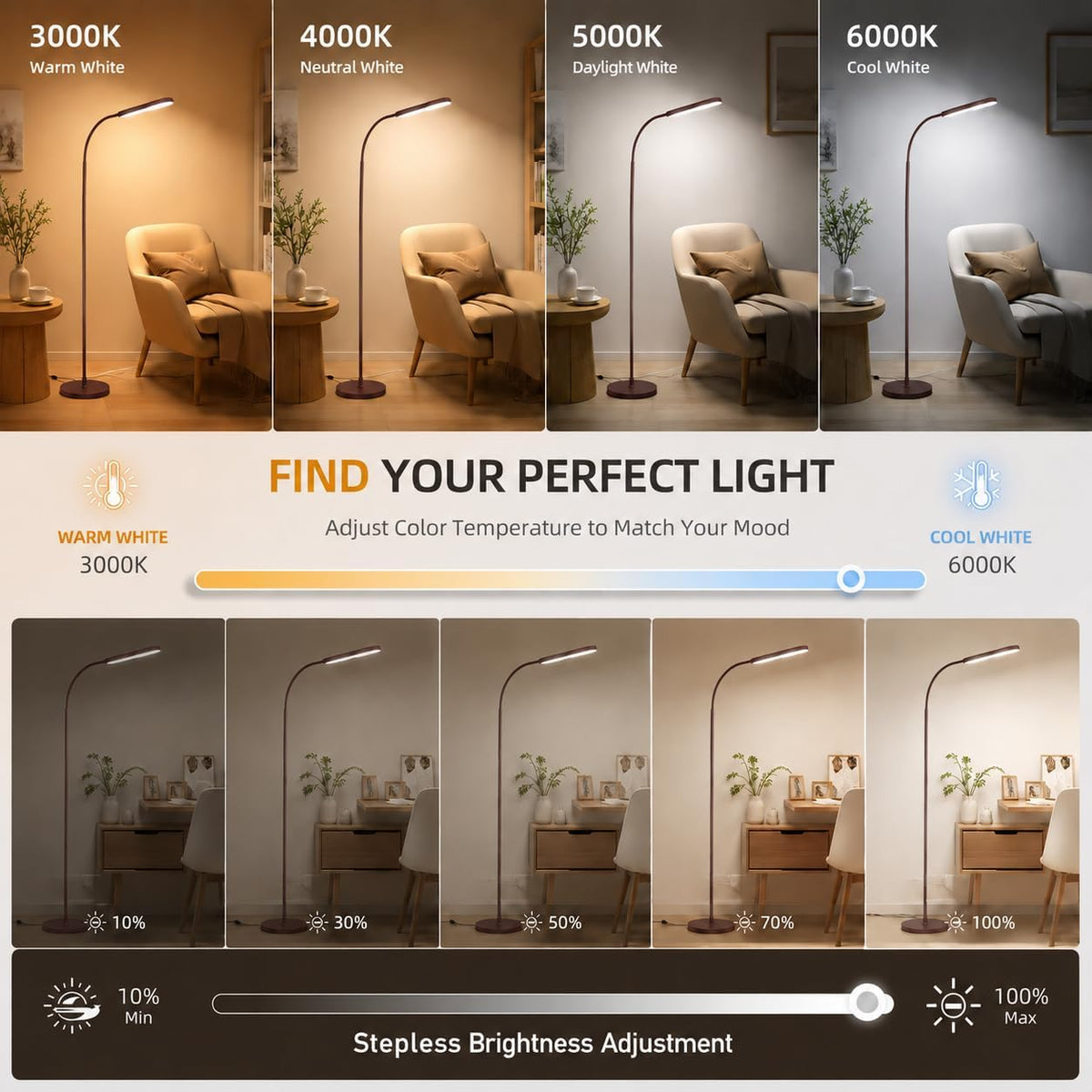 LED Floor Lamp with Remote, Touch Control, Dimmable Light & Adjustable Gooseneck