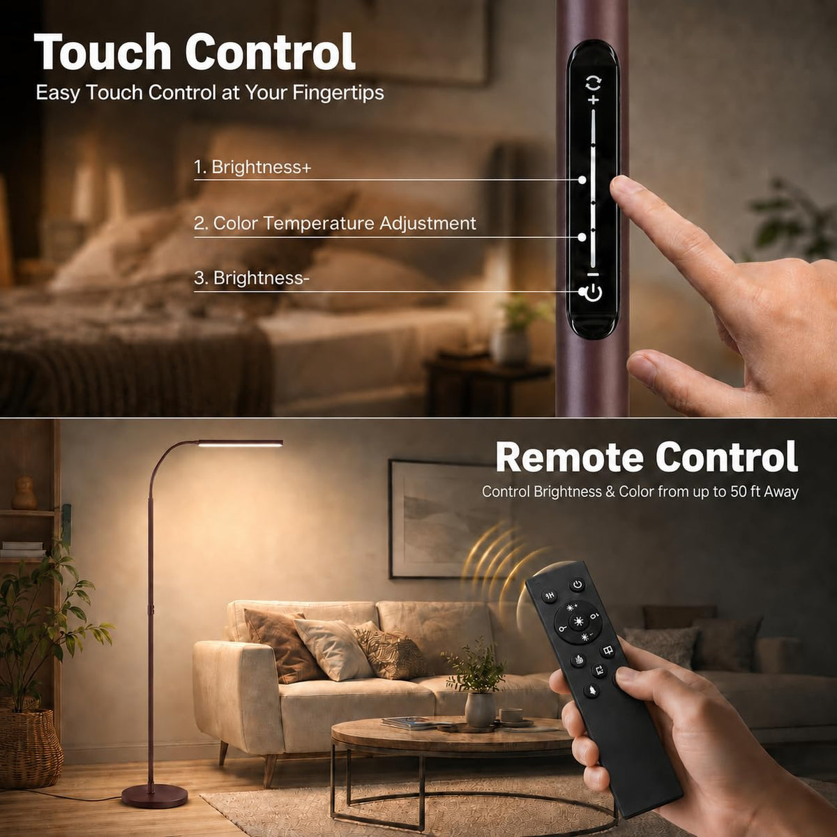 LED Floor Lamp with Remote, Touch Control, Dimmable Light & Adjustable Gooseneck