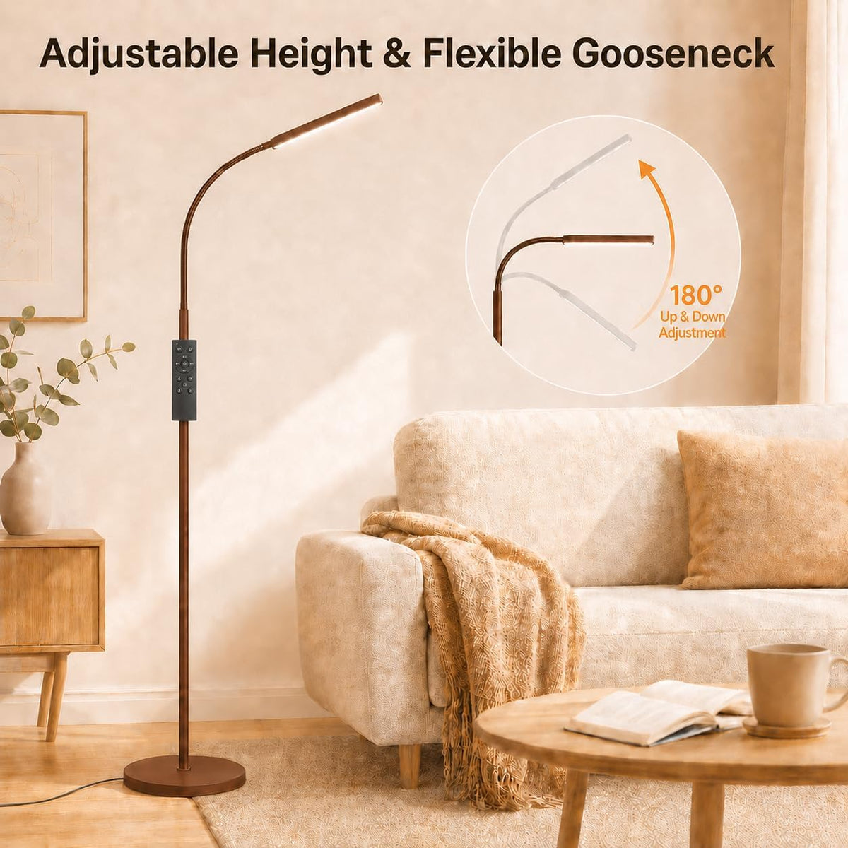 LED Floor Lamp with Remote, Touch Control, Dimmable Light & Adjustable Gooseneck