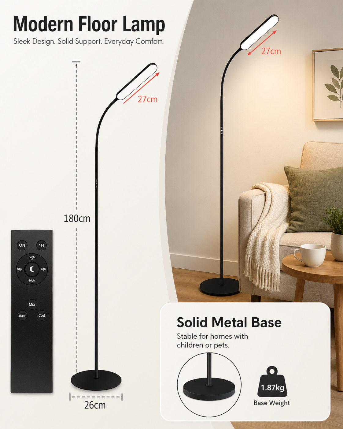 LED Floor Lamp with Remote, Touch Control, Dimmable Light & Adjustable Gooseneck