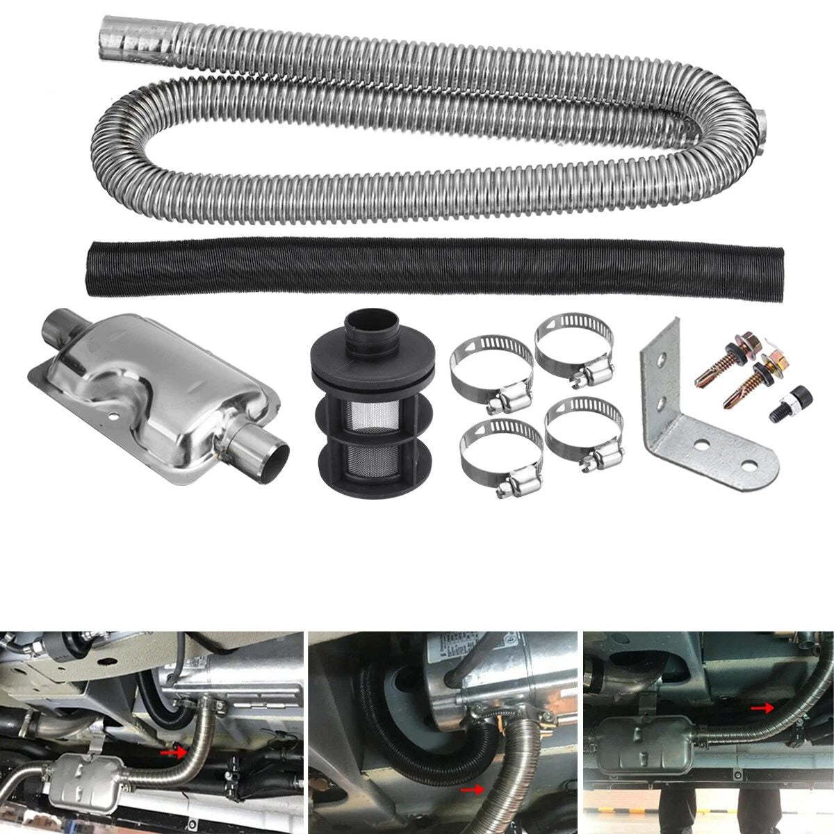 Diesel Heater Accessories – 100cm Stainless Steel Exhaust Muffler & Air Intake Kit (25mm)