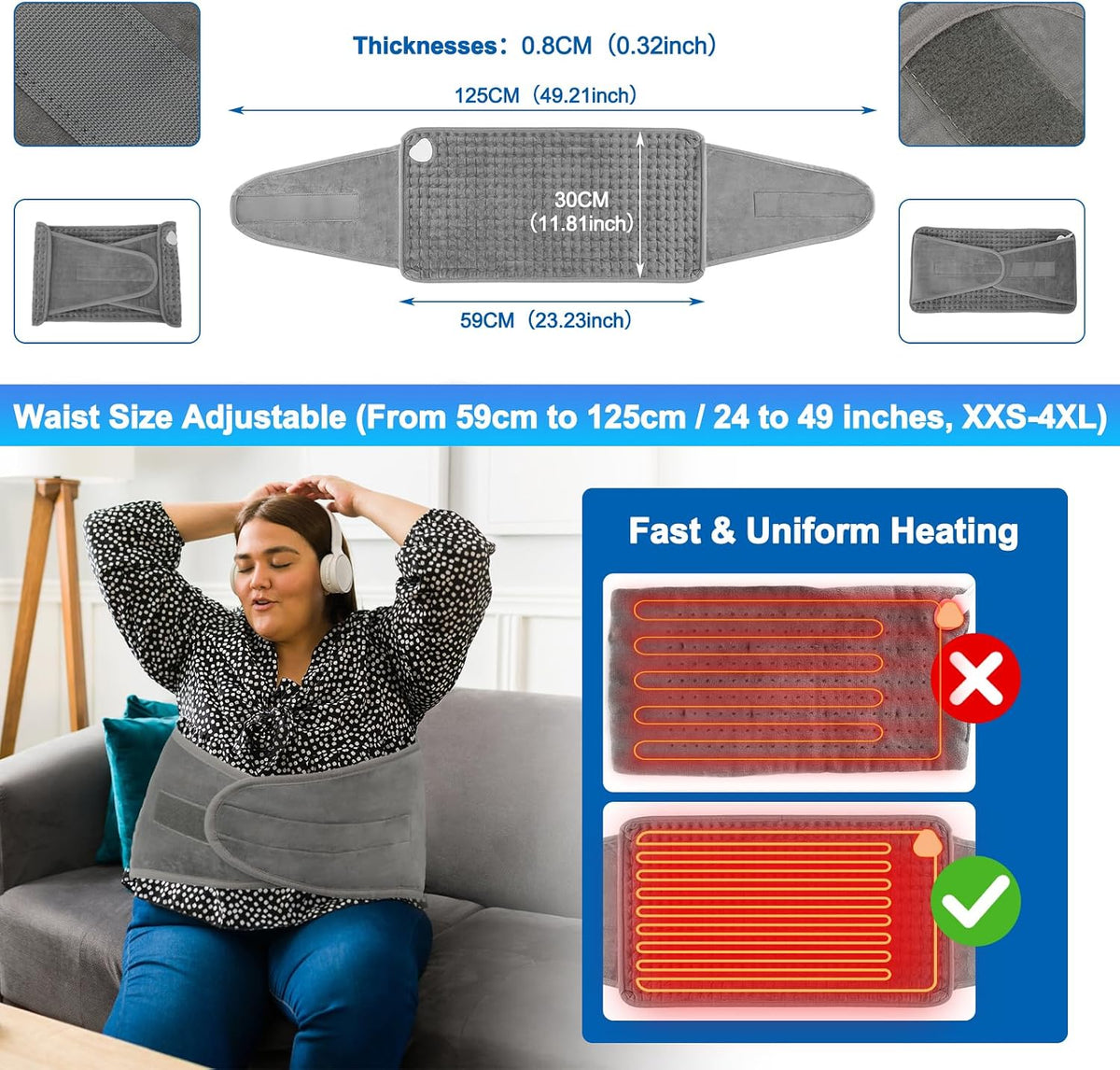 Electric Hot Heated Pad Blanket – Adjustable Heating Pad Belt with 9 Temperatures, 4 Timer Settings and Overheating Protection