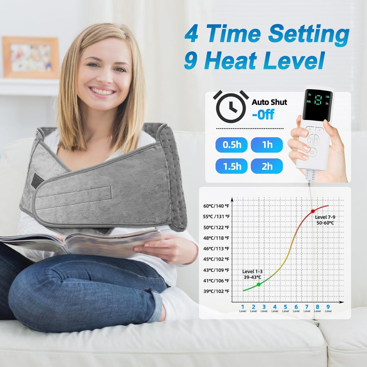 Electric Hot Heated Pad Blanket – Adjustable Heating Pad Belt with 9 Temperatures, 4 Timer Settings and Overheating Protection