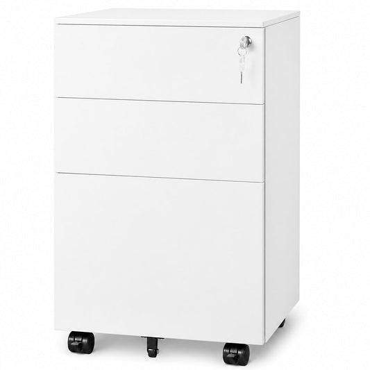 Office Cabinet with Wheels and Lock - White