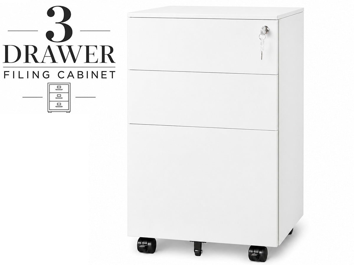 Office Cabinet with Wheels and Lock - White