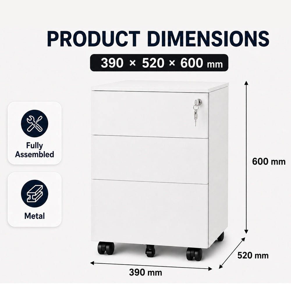 Office Cabinet with Wheels and Lock - White