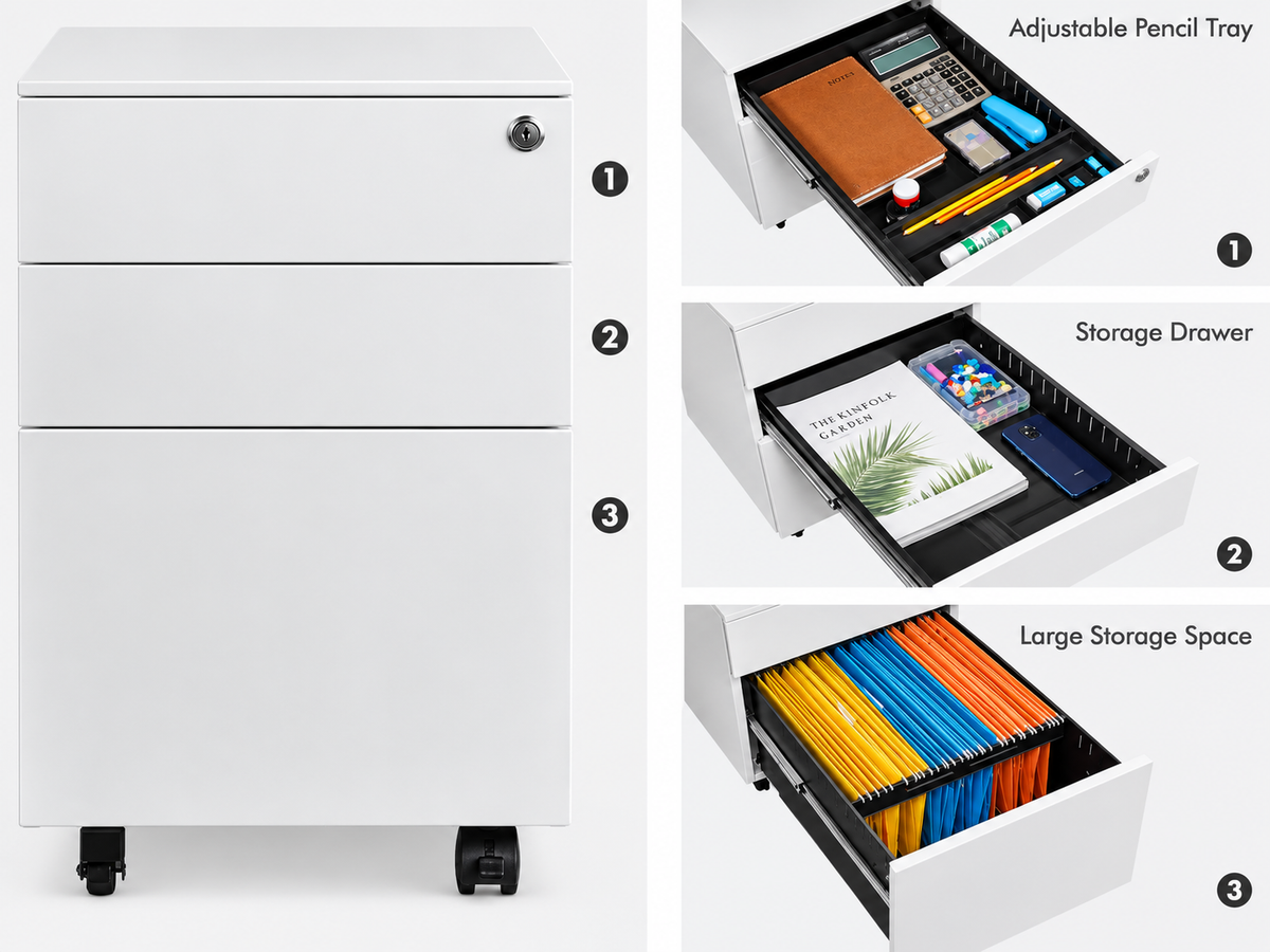 Office Cabinet with Wheels and Lock - White