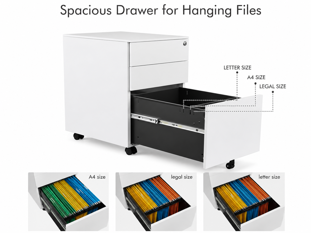 Office Cabinet with Wheels and Lock - White