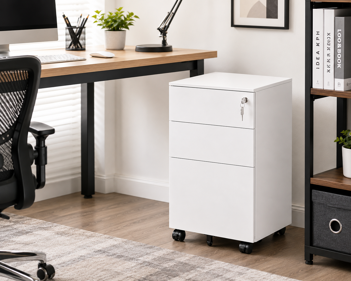 Office Cabinet with Wheels and Lock - White