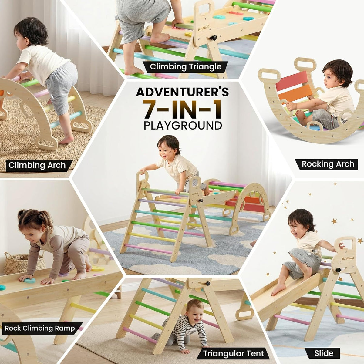 7-In-1 Pikler Triangle Set Wooden Montessori Climbing