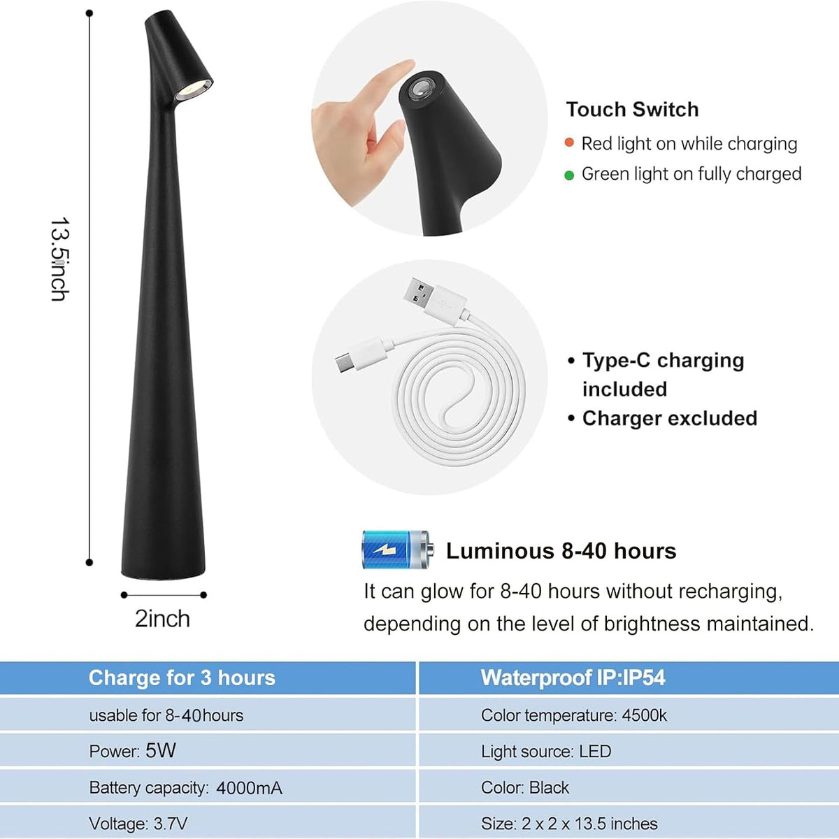 LED Desk Lamp – Portable Cordless Rechargeable Lamp with 2000mAh Battery