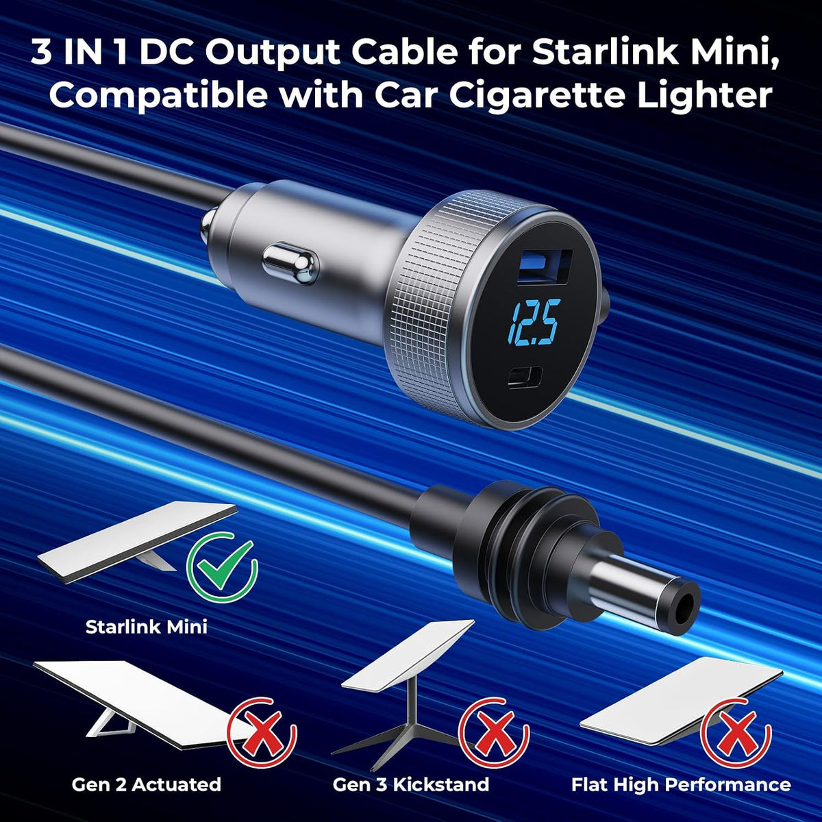 Starlink Mini Car Adapter with 10FT Cable, Dual PD 45W+USB 30W, 12V-24V