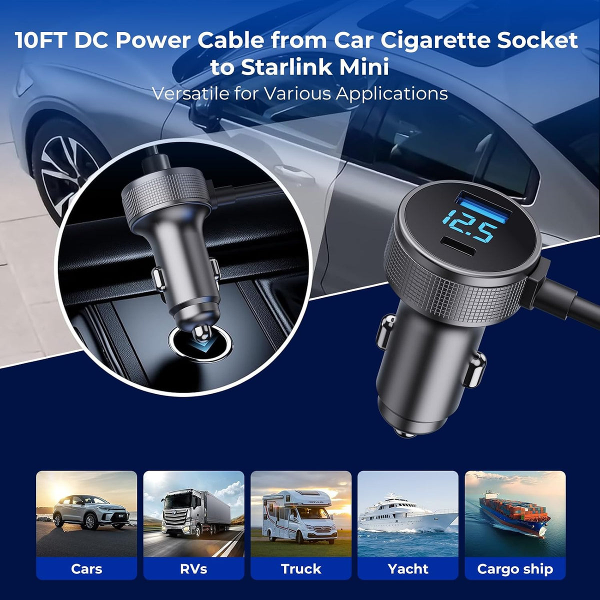 Starlink Mini Car Adapter with 10FT Cable, Dual PD 45W+USB 30W, 12V-24V