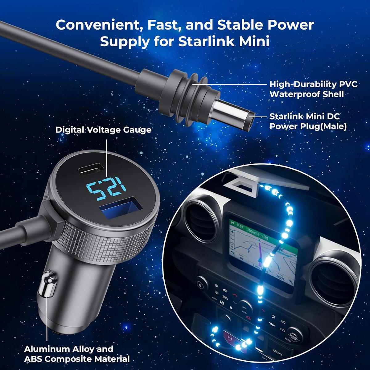 Starlink Mini Car Adapter with 10FT Cable, Dual PD 45W+USB 30W, 12V-24V