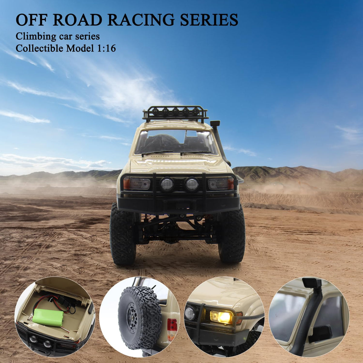 RC Rock Crawler Truck – 1:16 Scale 4WD Off-Road RC SUV with LED Lights, Snorkel, Roof Rack and 2 Rechargeable Batteries