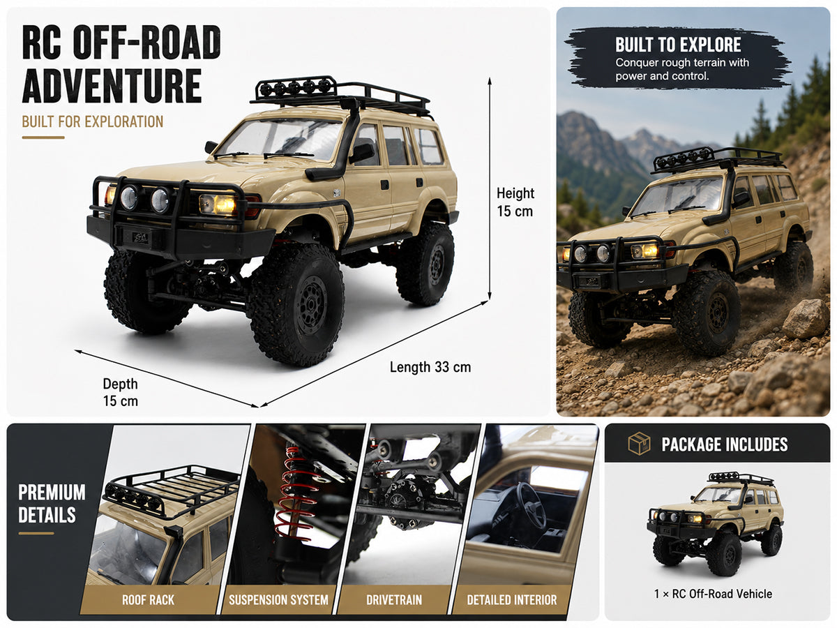 RC Rock Crawler Truck – 1:16 Scale 4WD Off-Road RC SUV with LED Lights, Snorkel, Roof Rack and 2 Rechargeable Batteries