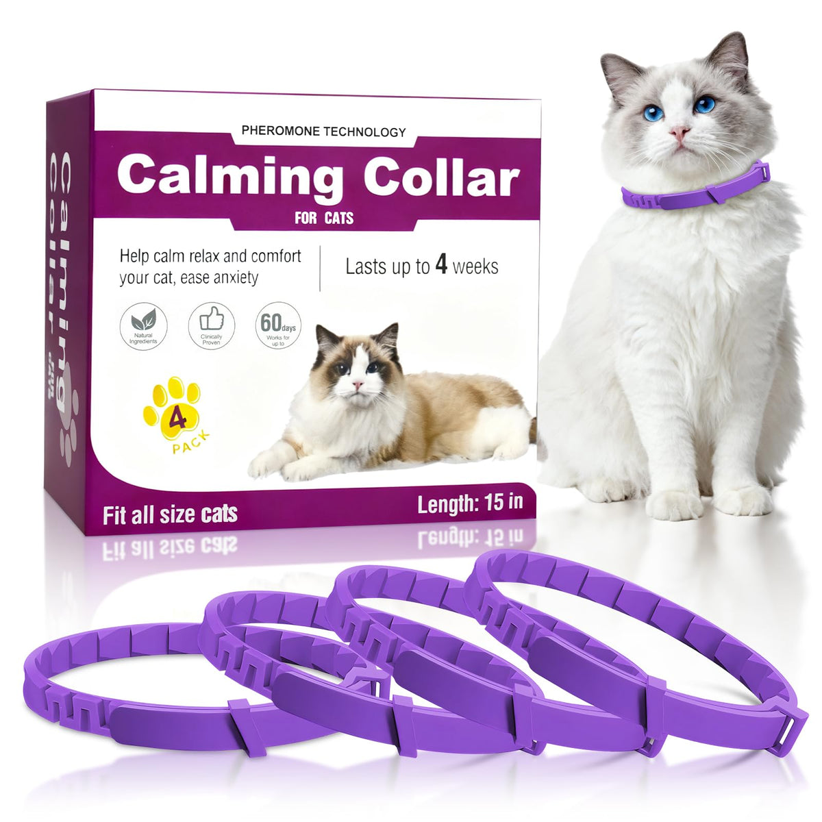Cat Calming Collar – 4-Pack Adjustable Waterproof Pheromone Cat Calming Collar
