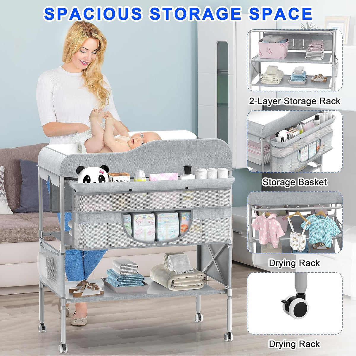 Foldable Nappy Changing Diaper Station with Adjustable Height & Storage